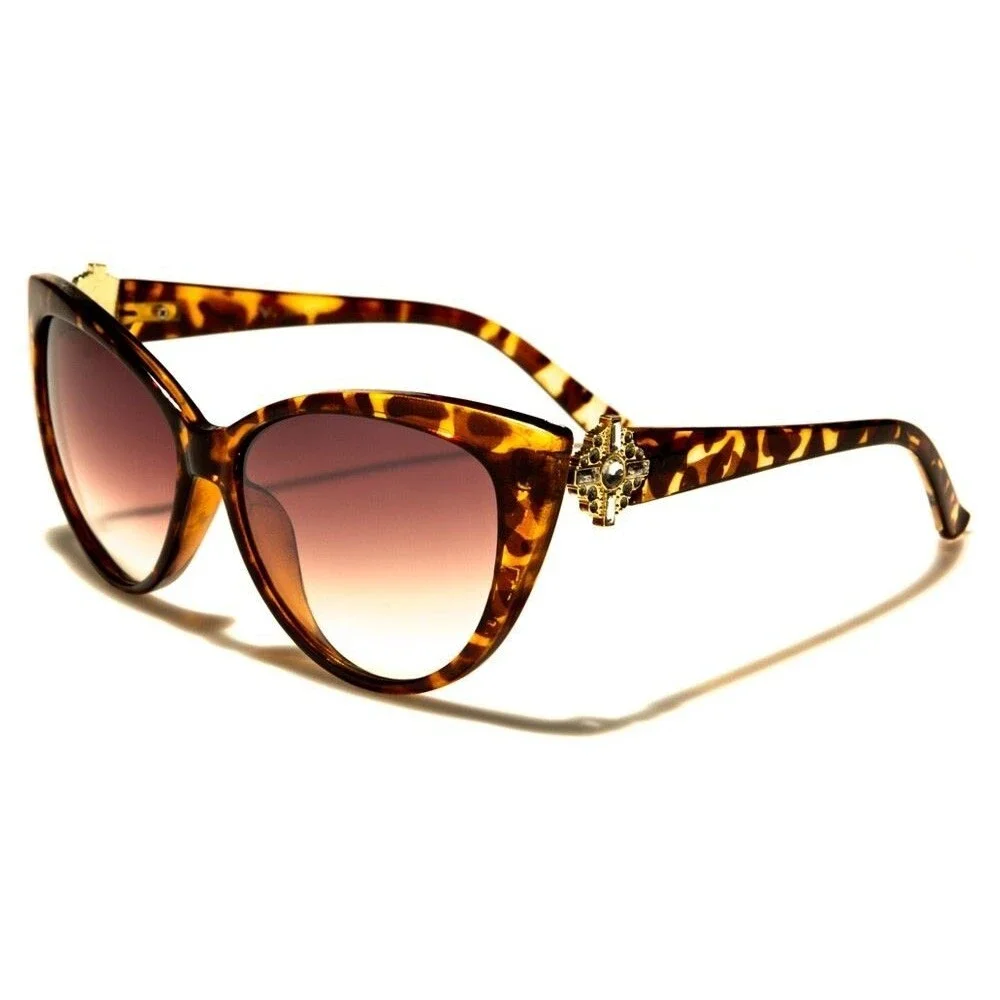 Gorgeous Tortoise Gold Rhinestone High-End Stylish Designer Cat Eye Sunglasses